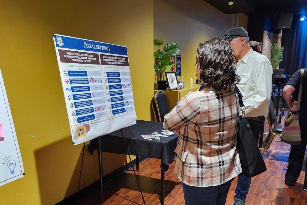 People standing in front of engagement board voting on plan recommendations